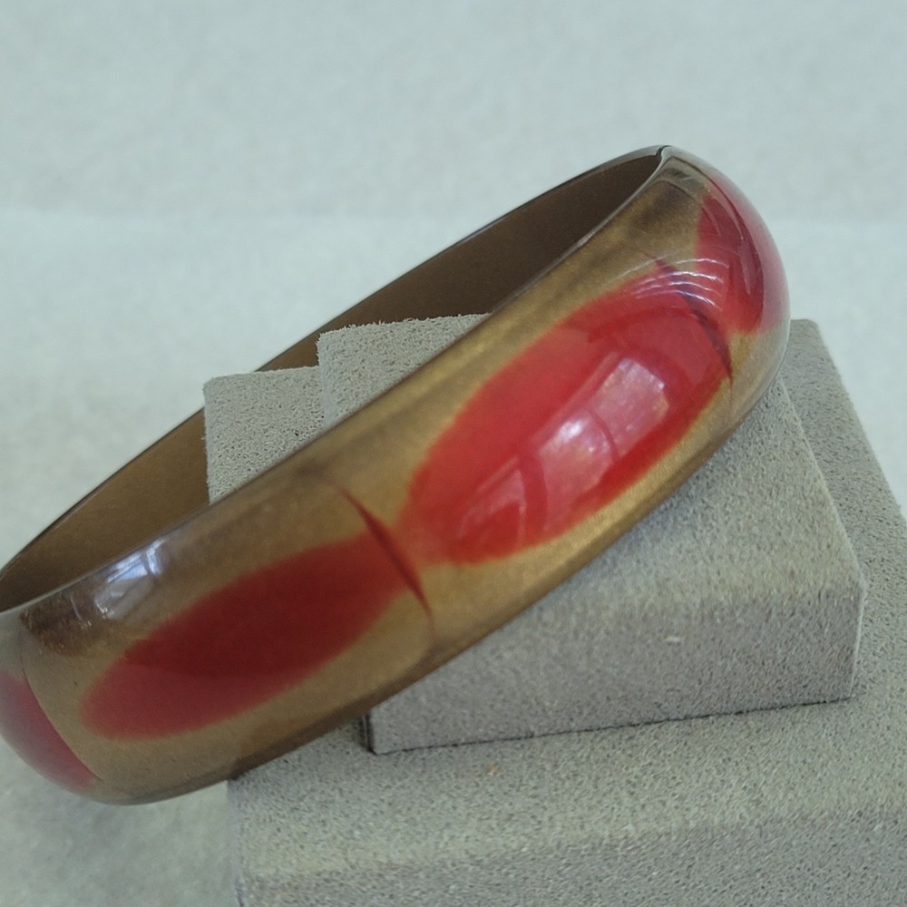 Resin Bangle Bracelet Olive Green Rust Wide 2.5" Abstract